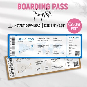 Modèle modifiable de carte d'embarquement, billet d'avion imprimable, voyage surprise avec carte d'embarquement, billet d'embarquement à faire soi-même, réservez la date, modifiable sur toile