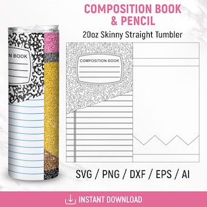 Modelo de copo de livro e lápis de composição Svg, design de embrulho de copo, envoltório de copo magro de 20 onças, copo estourado Svg, Tumber de professor, glitter
