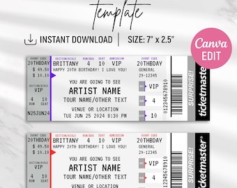 Editable Concert Ticket, Concert Ticket Template, Surprise Ticket, Birthday Gift, Printable Stub, Custom Event Ticket, Gift for her, Canva