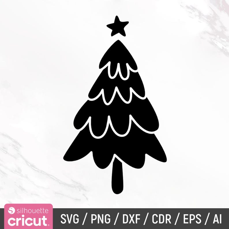 K&ouml;nnte beinhalten: Schwarze Silhouette eines Weihnachtsbaums mit einem Stern oben. Der Baum hat ein einfaches, stilisiertes Design mit abgerundeten Kanten.