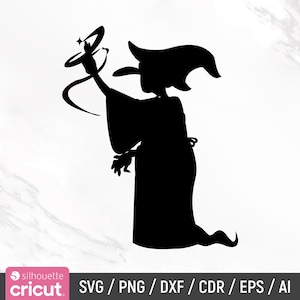 May include: Black silhouette of a witch casting a spell with a swirling star above her head.