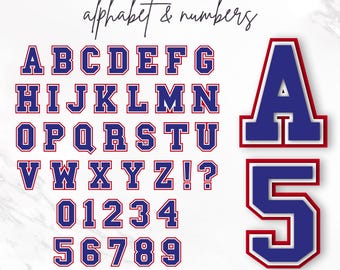 May include: A digital graphic set titled LAYERED VARSITY FONT alphabet & numbers, featuring blue letters and numbers with red outlines. The set includes the full alphabet, digits 0-9, and punctuation marks, with large examples of the letter A and number 5.