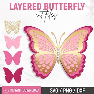 Svg de papillon, Svg de papillon 3D, modèle de papillon, papillon en couches, clipart papillon, décoration murale papillon, Dxf, Png, téléchargement immédiat
