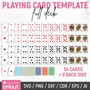 May include: A digital playing card template featuring a full deck of 54 cards and 6 back designs. The image displays rows of diamonds, hearts, spades, and clubs, along with face cards, jokers, and various patterned card backs with text.