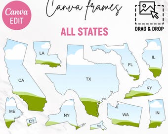 50 USA States Custom Canva Frames, USA States Canva Frames, Individual State Design, Canva Frames of American States, DIY, Canva Editable