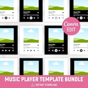 Puede incluir: Un conjunto de ocho plantillas de reproductor de música que presentan una escena de paisaje con una colina verde, cielo azul y nubes blancas. Las plantillas están en blanco y negro con botones de reproducción, pausa y retroceso. El texto "Canva EDIT" está en un círculo rosa.