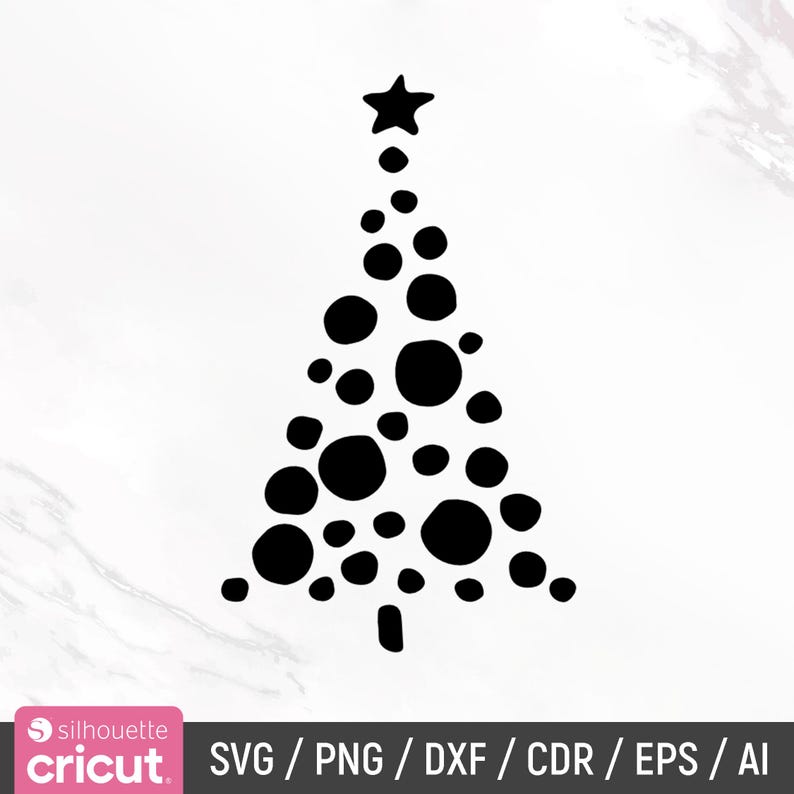 K&ouml;nnte beinhalten: Schwarz-wei&szlig;e Silhouette eines Weihnachtsbaums aus Kreisen. Der Baum hat einen Stern oben drauf.