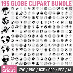 Puede incluir: Una colección de 195 imágenes prediseñadas de globos terráqueos en blanco y negro. Los diseños incluyen varias ilustraciones de globos, algunas con continentes, otras con líneas de cuadrícula y algunas en forma de corazón. También incluye el texto "195 GLOBE CLIPART BUNDLE".