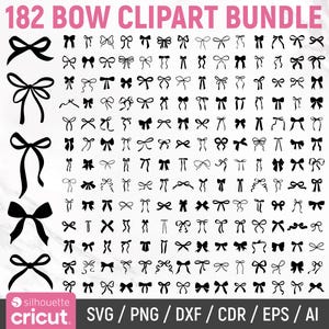 May include: A collection of 182 black bow clipart designs in various styles. The text "182 BOW CLIPART BUNDLE" is at the top in pink. The bottom of the image includes the Silhouette and Cricut logos, along with file type options: SVG, PNG, DXF, CDR, EPS, and AI.