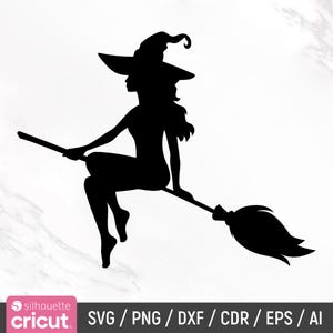 May include: A black silhouette of a witch riding a broomstick. The witch is wearing a pointed hat and has long hair. The broomstick is flying through the air.