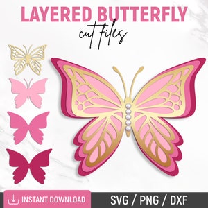 Svg de papillon, Svg de papillon 3D, modèle de papillon, papillon en couches, clipart papillon, décoration murale papillon, Dxf, Png, téléchargement immédiat