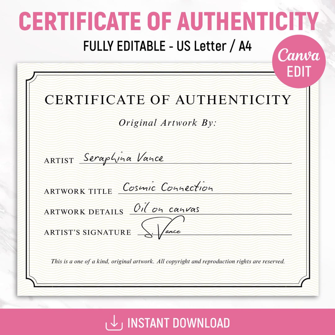 Certificate of Authenticity for Artwork Template, Certificate Template ...