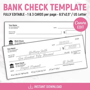 Manifestation Check Template, Editable Blank Check Template, Manifesting Check, Personal Check Template, Cheque Template, Canva Editable
