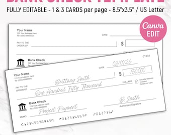 Manifestation Check Template, Editable Blank Check Template, Manifesting Check, Personal Check Template, Cheque Template, Canva Editable
