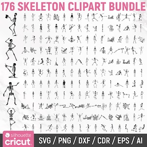 May include: A digital bundle of 176 black skeleton clipart images in diverse poses, from standing to yoga. The text "176 SKELETON CLIPART BUNDLE" is at the top. The image also includes the text "SVG / PNG / DXF / CDR / EPS / AI".