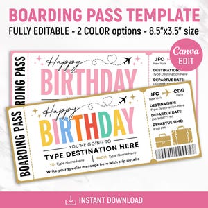 Pode incluir: Um modelo de cartão de embarque de 21,59 cm por 8,89 cm com duas opções de cores. O design inclui o texto Happy Birthday, ícones de avião e campos para destino, data, hora e nomes, com um emblema de edição no Canva.