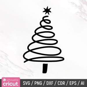 K&ouml;nnte beinhalten: Eine Schwarzwei&szlig;-Zeichnung eines stilisierten Weihnachtsbaums mit einem Stern oben. Der Baum besteht aus einer Reihe von wirbelnden Linien.