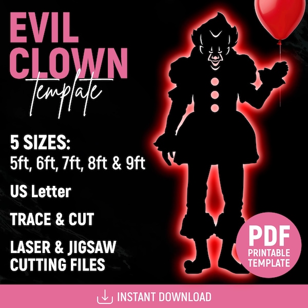 Evil Clown Template, Halloween Scene Lawn Decor, Outdoor Silhouette Template, DIY, Printable, Trace & Cut, Stencils, PDF, Instant Download