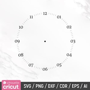 May include: A black and white clock face with numbers 1 through 12 around the edge. The clock face is on a white background.