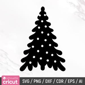 K&ouml;nnte beinhalten: Eine schwarze Silhouette eines Weihnachtsbaums mit wei&szlig;en Punkten.