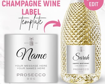 Può includere: Un modello di etichetta per vino spumante da champagne stampabile con sfondo argentato e testo nero. Il testo dice "Name", "Your message here", "Your names here", "Prosecco DOC", "ESTD 1861".