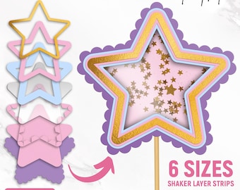 Shaker Cake Topper Svg, Shaker Layer Strips, Birthday Cake Topper Svg, Scalloped Star Shaker Svg, Layered Svg, 3D Shaker, Instant Download
