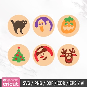 May include: Six circular icons featuring holiday graphics on a light peach background. The top row shows a brown cat, a purple and orange ghost, and an orange jack-o'-lantern. The bottom row displays a green Christmas tree, a red snowman, and a brown reindeer.
