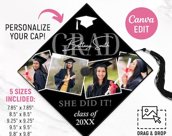 Personalized Graduation Cap Topper, Custom Grad Cap Topper, Class of 2025, Graduation Сollage Template, DIY Graduation Cap, Canva Editable