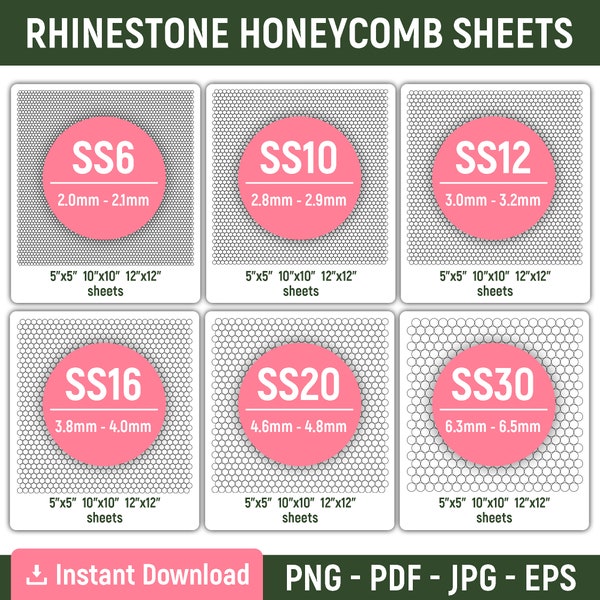 Rhinestone Honeycomb Sheet Bundle, SS6, SS10, SS12, SS16, SS20, SS30, Blank Rhinestone Pattern, Rhinestone Template, Honeycomb Pattern