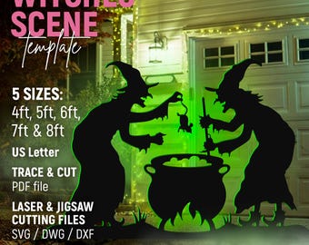 Peut inclure: Un modèle numérique pour une scène de sorcières avec deux silhouettes noires de sorcières au-dessus d'un chaudron avec un rat, sur fond vert vif. Le texte indique WITCHES SCENE Template, 5 SIZES: 4ft, 5ft, 6ft, 7ft & 8ft, US Letter, TRACE & CUT PDF file, LASER & JIGSAW CUTTING FILES SVG / DWG / DXF, et INSTANT DOWNLOAD.