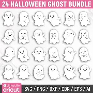 May include: A digital bundle of 24 white ghost illustrations with various facial expressions and poses, arranged in a grid. The top header reads 24 HALLOWEEN GHOST BUNDLE, and the bottom footer lists file formats SVG, PNG, DXF, CDR, EPS, and AI.