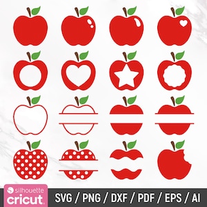 May include: Set of 16 red apple SVG cut files with various designs, including a solid apple, a heart-shaped apple, a star-shaped apple, a polka dot apple, and a split apple for monogramming.