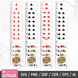 May include: A set of 52 playing cards, with four suits: hearts, diamonds, clubs, and spades. Each suit has cards numbered 2 through 10, as well as Jack, Queen, King, and Ace.