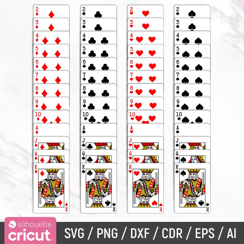 May include: A set of 52 playing cards, with four suits: hearts, diamonds, clubs, and spades. Each suit has cards numbered 2 through 10, as well as Jack, Queen, King, and Ace.