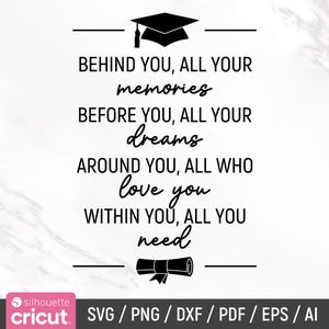 May include: Black and white graduation quote graphic with a graduation cap and diploma. The quote reads: "Behind you, all your memories. Before you, all your dreams. Around you, all who love you. Within you, all you need."