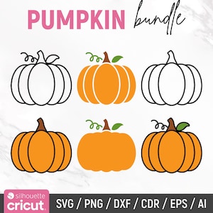 May include: A digital graphic set titled PUMPKIN bundle featuring six distinct pumpkin illustrations. The collection includes three black-and-white line art pumpkins and three solid orange pumpkins with green stems and leaves, presented in various file formats.