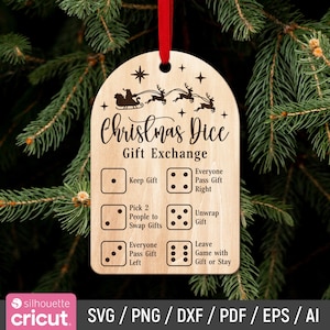 May include: Wooden Christmas Dice gift exchange game ornament with a red ribbon for hanging. The ornament features dice instructions, a Santa sleigh, stars, and the text "Christmas Dice Gift Exchange".