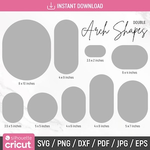 K&ouml;nnte beinhalten: Ein Satz von 10 Bogenformen in verschiedenen Gr&ouml;&szlig;en, von 3,5 x 2 Zoll bis 8 x 10 Zoll. Die Formen sind grau und schwarz umrandet. Der Text "Arch Shapes" ist oben im Bild in schwarzer Kursivschrift geschrieben.