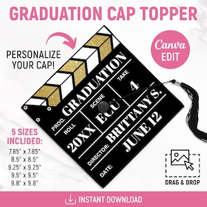 May include: Black graduation cap topper with gold glitter accents, resembling a movie clapperboard. Features text: "GRADUATION," "20XX," "Brittany S.," and "June 12." Includes five size options, ranging from 7.85" x 7.85" to 9.8" x 9.8".