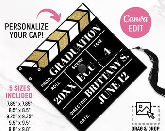 Personalized Graduation Cap Topper, Custom Grad Cap Topper, Class of 2026, Movie Clapperboard, Clapper, Cinema, Grad 2026, Canva Editable
