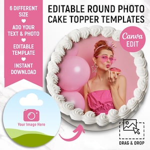 Plantilla de topper de pastel quemado, topper de pastel redondo personalizado, imagen de pastel editable, topper de pastel de cumpleaños, imagen y texto personalizados, Canva editable