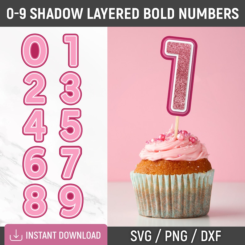 Icing Cut Numbers 0-9 Shadow Layered Bold Numbers Svg, Birthday Cake or Cupcakes Topper ...