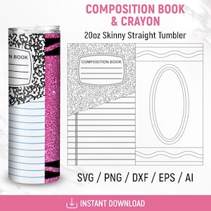 Komposition Buch & Crayon Tumbler Template svg, Tumbler Wrap Design, 20oz Skinny Tumbler Wrap, Burst Tumbler svg, Lehrer Tumber, Glitter