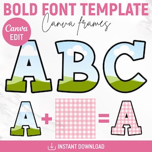 Letras de quadro Canva editáveis, letras maiúsculas, minúsculas e números, arrastar e soltar, fonte de alfabeto preenchível, modelo de quadro Canva, Canva editável
