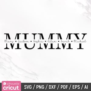 May include: Black and white graphic design with the word "MUMMY" in large, bold letters. The names "Mary", "Jackson", "Sophia", "Adam", "Sarah", and "Michael" are written in a smaller font below the word "MUMMY".