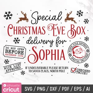 Pode incluir: Gráfico de Natal com o texto « Special Christmas Eve Box delivery for Sophia ». Inclui renas, flocos de neve e um selo do Pai Natal. Apresenta também « Do Not Open Before December 25th ».