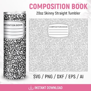 Peut inclure: Un gobelet droit mince de 20 onces avec un motif de cahier de composition noir et blanc. Le gobelet a un motif de cahier de composition noir et blanc avec les mots "Composition Book" imprimés dessus.