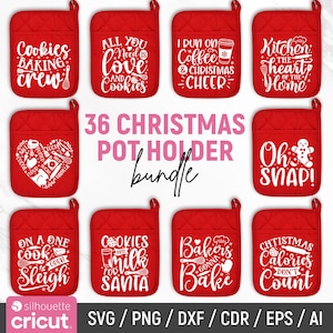 Könnte beinhalten: Eine Sammlung roter Weihnachtstopflappen mit weißem Text. Die Topflappen zeigen festliche Sätze wie "Cookies Baking Crew" und "Oh Snap!". Das Bild enthält auch den Text "36 Christmas Pot Holder bundle".