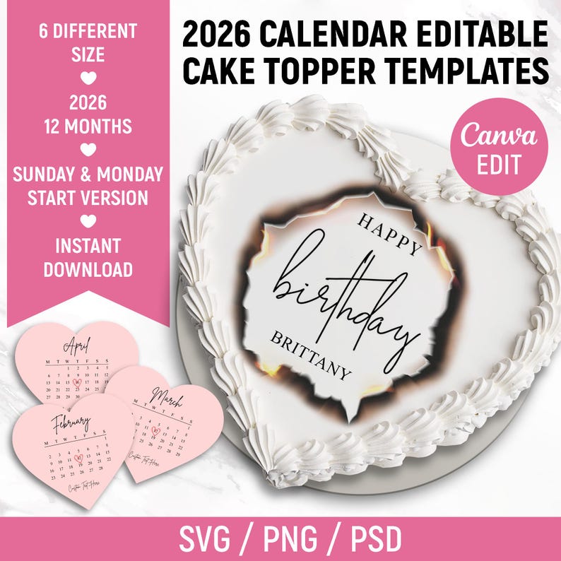 2026 Burn Away Cake Topper Calendar Template, Custom Heart Сake Topper, Calendar Printable, Birthday Cake Topper, Printable, Canva Editable image 9