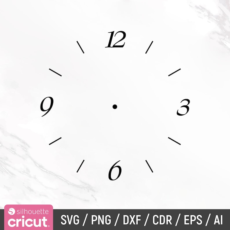 May include: A black and white clock face with Roman numerals for the hours 12, 3, 6, and 9. The clock face is on a white marble background.